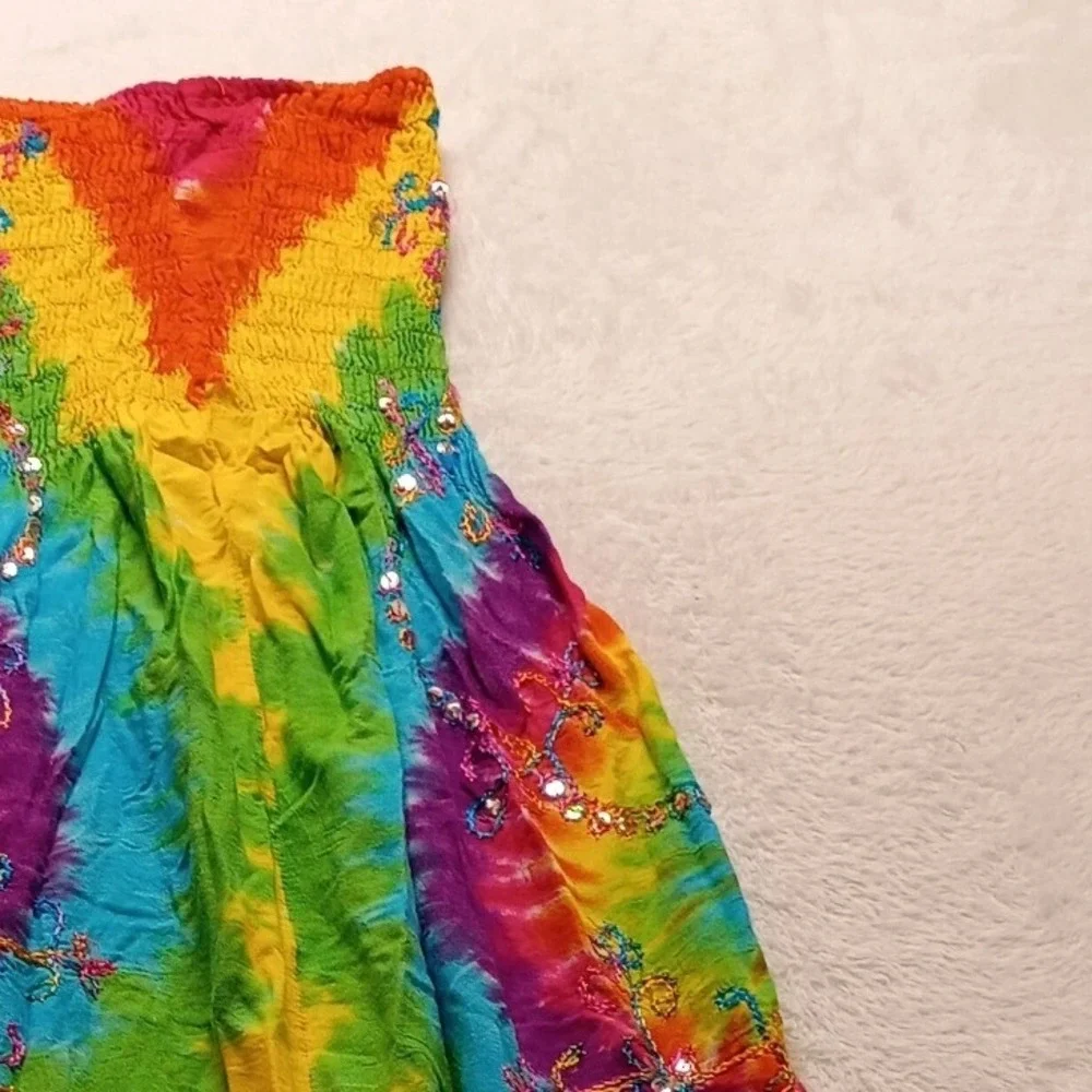 Boho Rainbow Tie Dye Smocked Sequin Embroidered Maxi Skirt Festival Dress NWOT